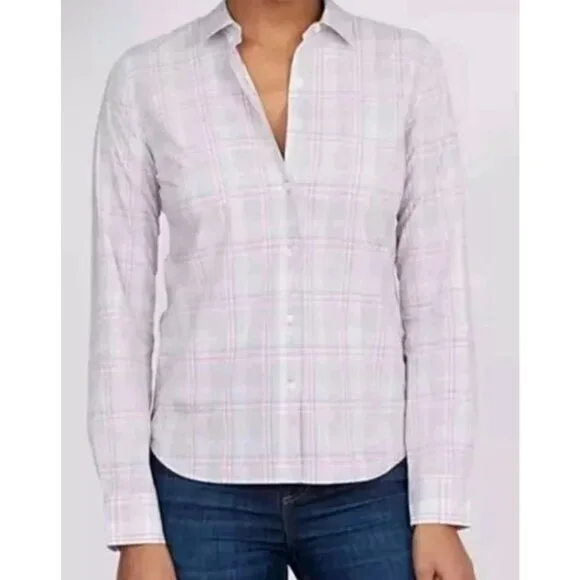 UNTUCKit Chasseles Cotton LS Shirt Lt Blue Green Pink Plaid Womens 0 Regular Fit - Picture 3 of 16
